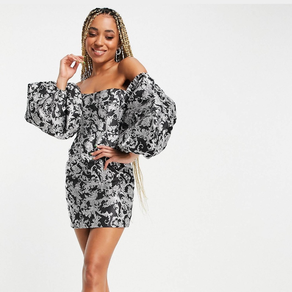 ASOS Luxe corseted mini dress with bardot sleeves.